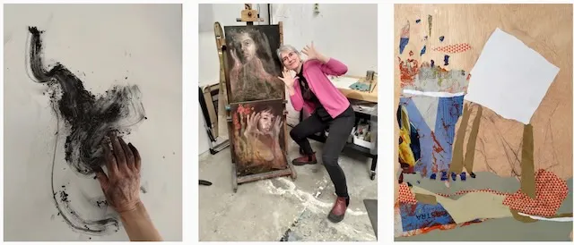 A three-panel view of Anne Kearney's studio practice: a hand blending charcoal on paper, Kearney gesturing beside an easel holding two figurative portrait paintings, and a mixed-media collage in progress.